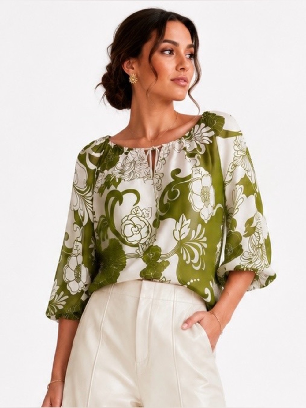 Ann Taylor Women’s Floral Sheer Peasant Blouse Green Ivory Tie Neck Size 8